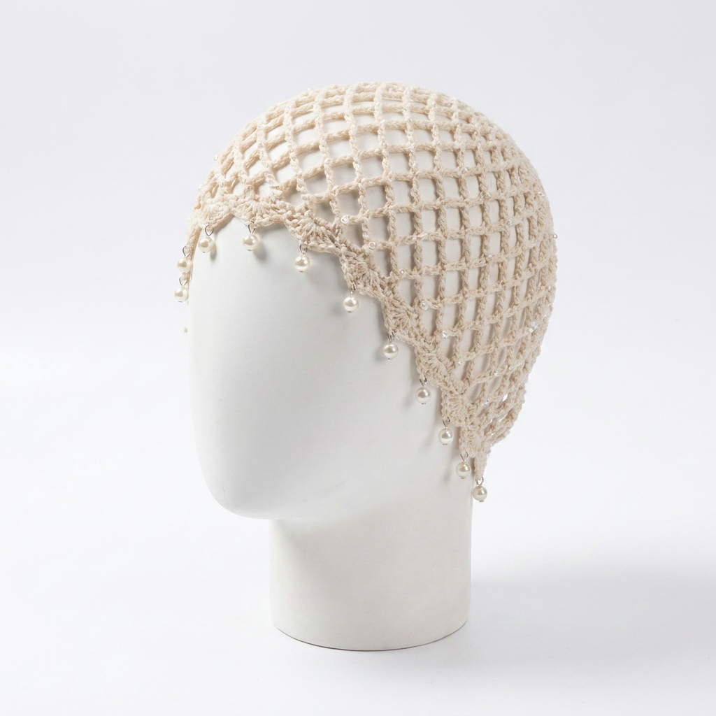 Bonnet en crochet orné de perles