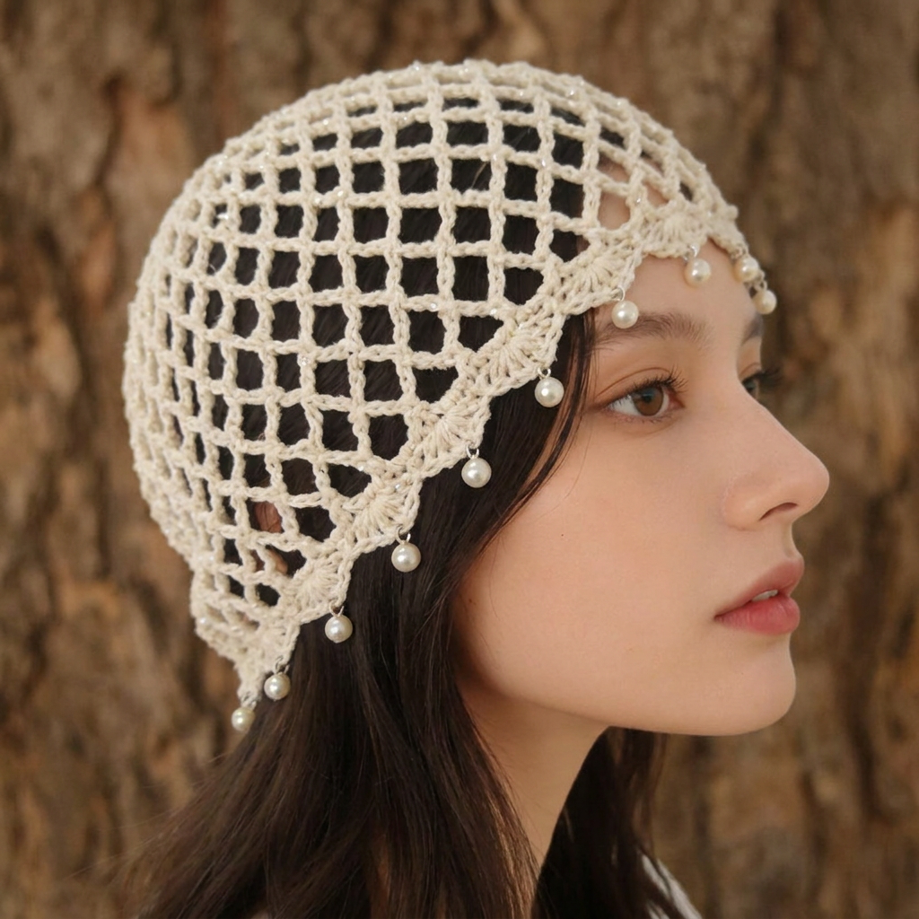 Bonnet en crochet orné de perles